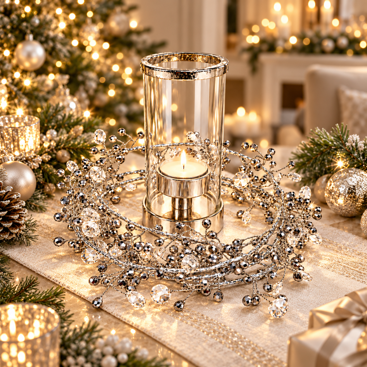 Silver Crystal Tealight Candle Holder with Silver Decorative Garland